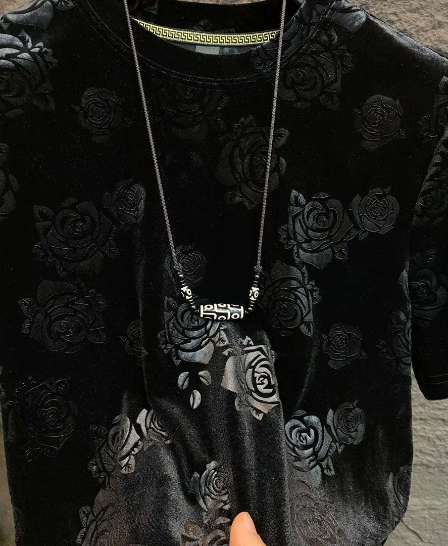 Luxury Black Rose Jacquard T-shirt