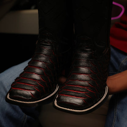 Black Cherry Python Leather Boots - Square Toe