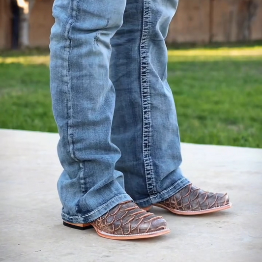 Rustic Light Brown Python Leather Boots - Square Toe