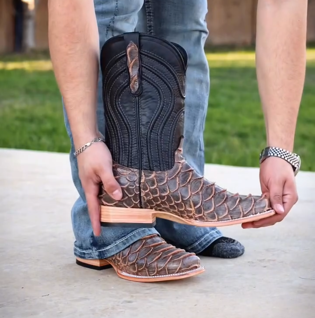 Rustic Light Brown Python Leather Boots - Square Toe