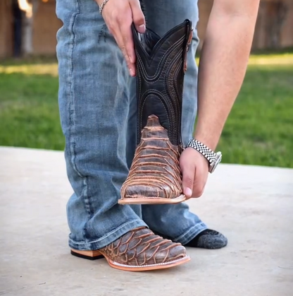 Rustic Light Brown Python Leather Boots - Square Toe