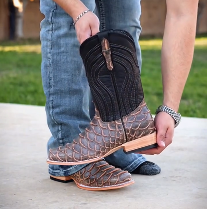 Rustic Light Brown Python Leather Boots - Square Toe