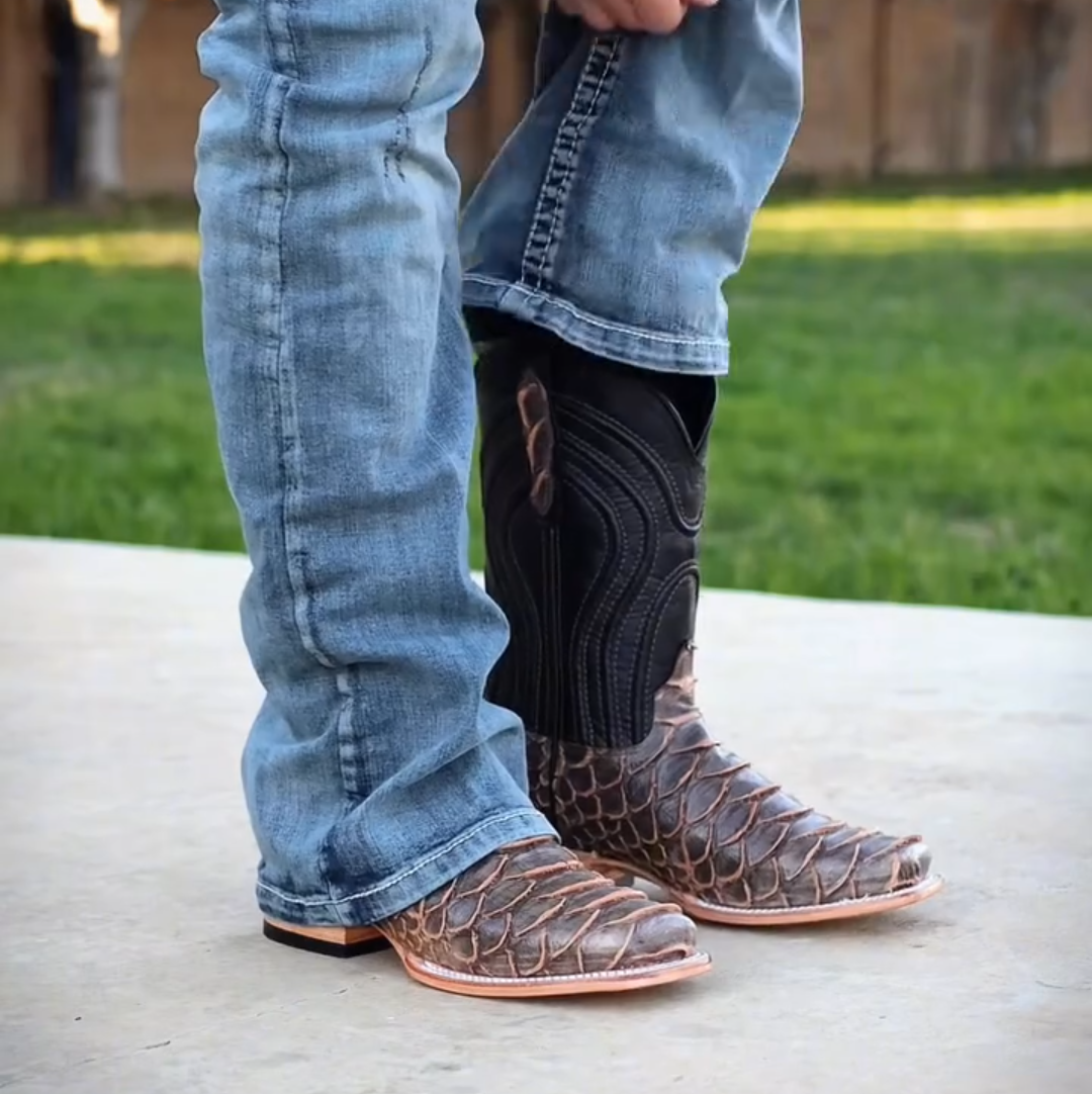 Rustic Light Brown Python Leather Boots - Square Toe