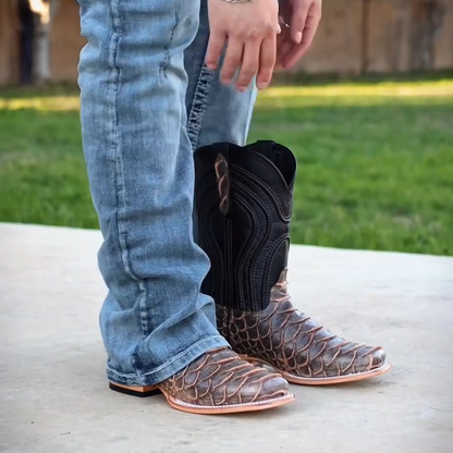 Rustic Light Brown Python Leather Boots - Square Toe