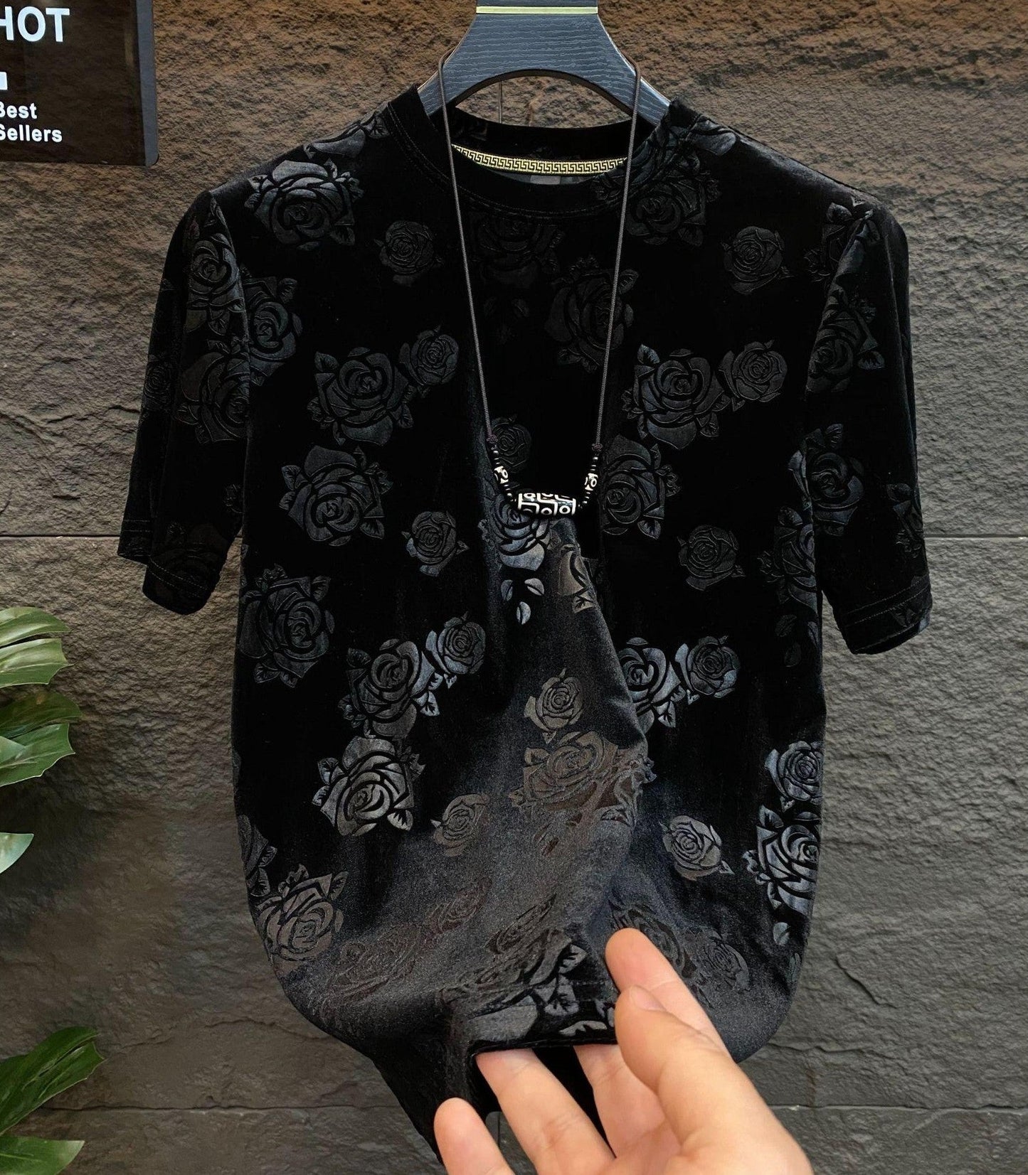 Luxury Black Rose Jacquard T-shirt