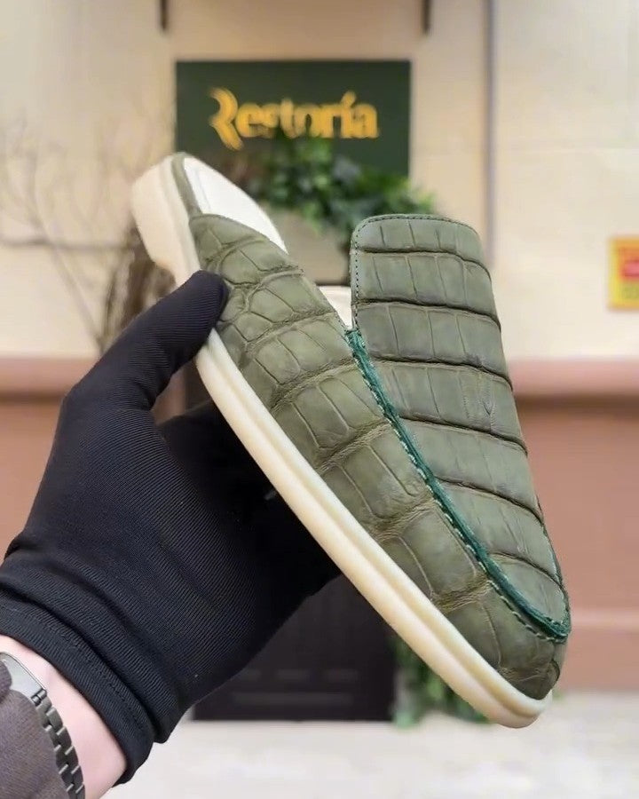 Italian Handmade Green Crocodile Leather Loafers