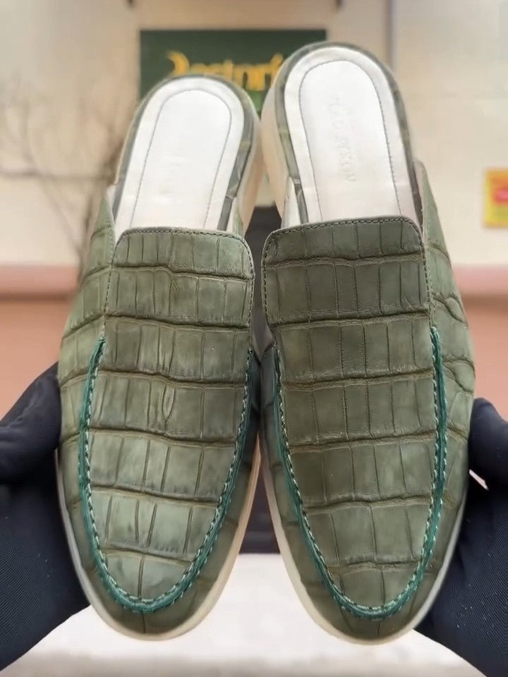 Italian Handmade Green Crocodile Leather Loafers