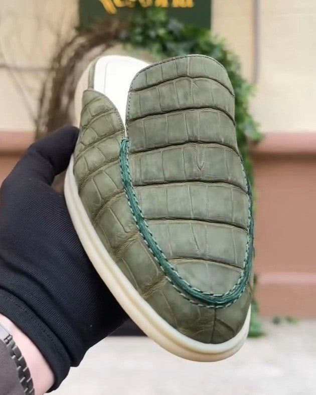 Italian Handmade Green Crocodile Leather Loafers