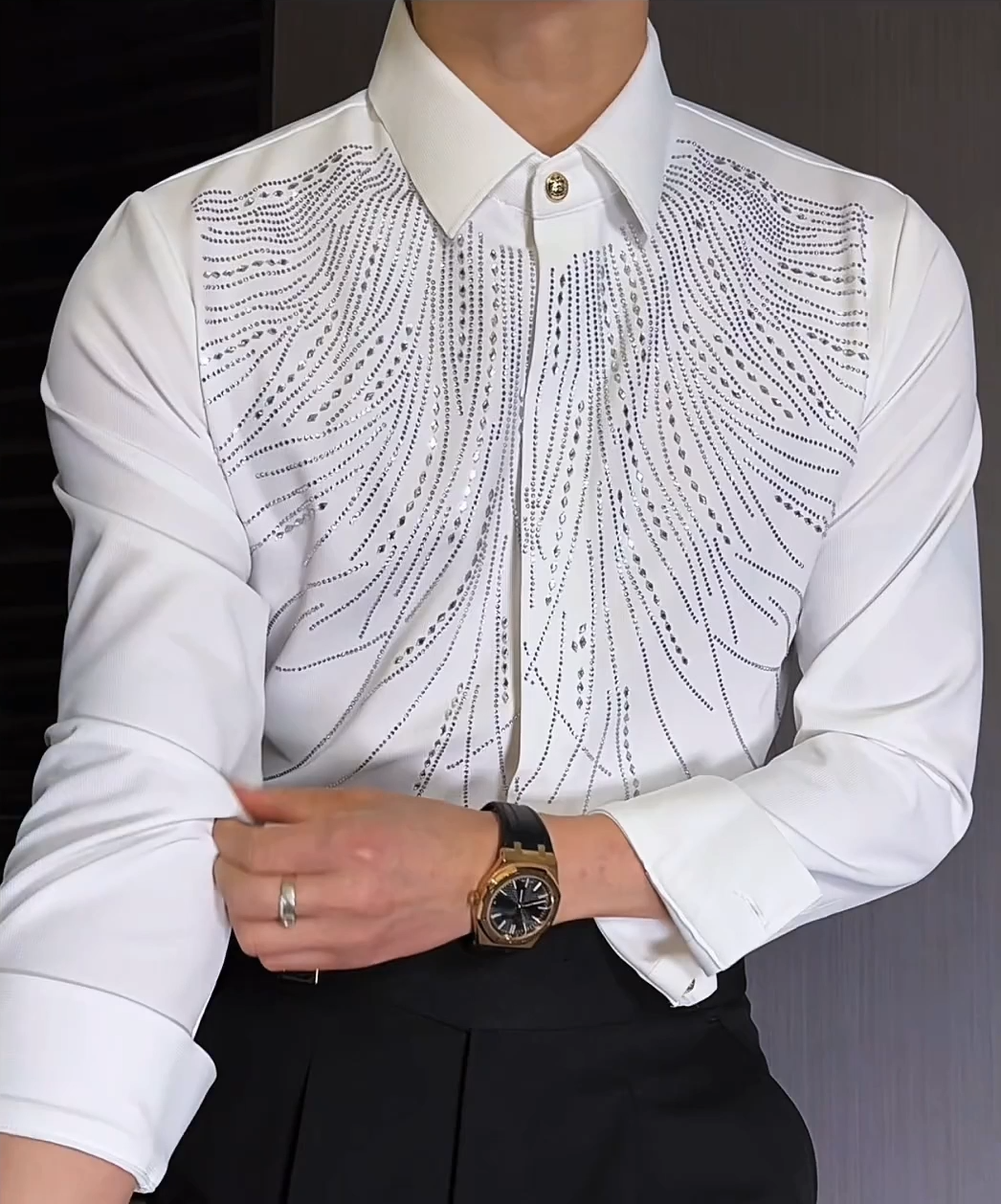 High Elasticity Wrinkle-Resistant Rhinestone Slim Shirt
