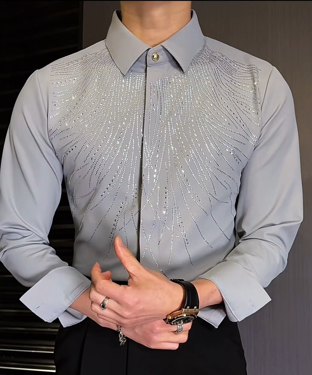 High Elasticity Wrinkle-Resistant Rhinestone Slim Shirt
