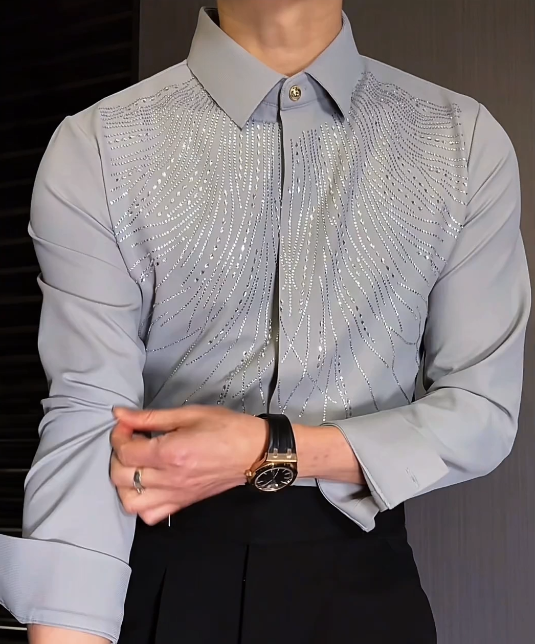 High Elasticity Wrinkle-Resistant Rhinestone Slim Shirt