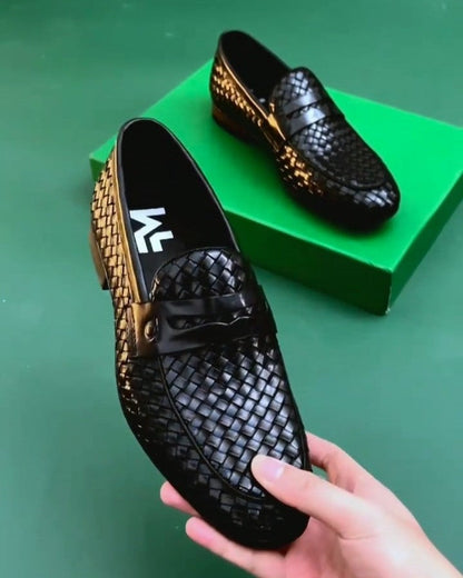 Men's Black Woven Leather Penny Loafers