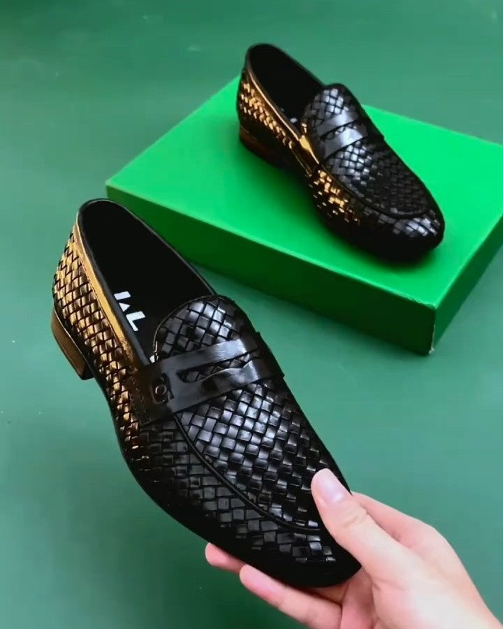 Men's Black Woven Leather Penny Loafers