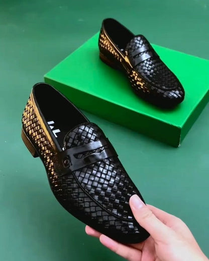 Men's Black Woven Leather Penny Loafers