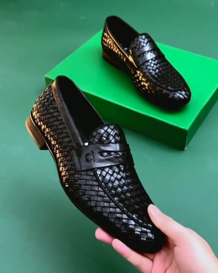 Men's Black Woven Leather Penny Loafers