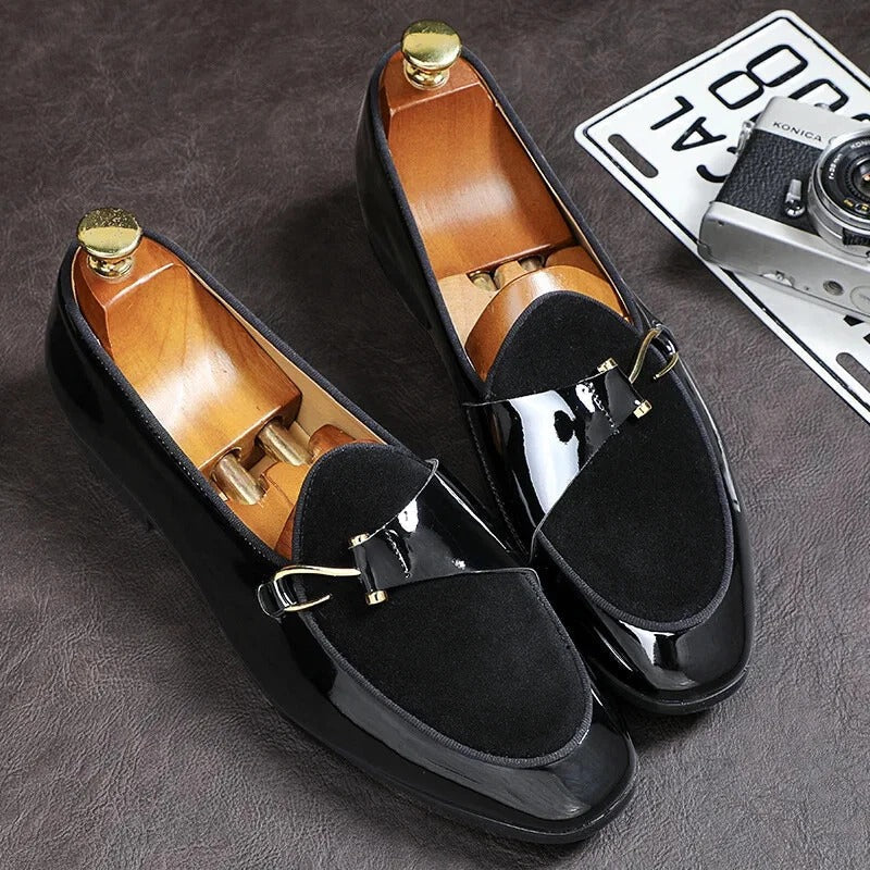 Fashion Man Casual Shoes Patent Leather Monk Loafers Slip-on Flats Footwear