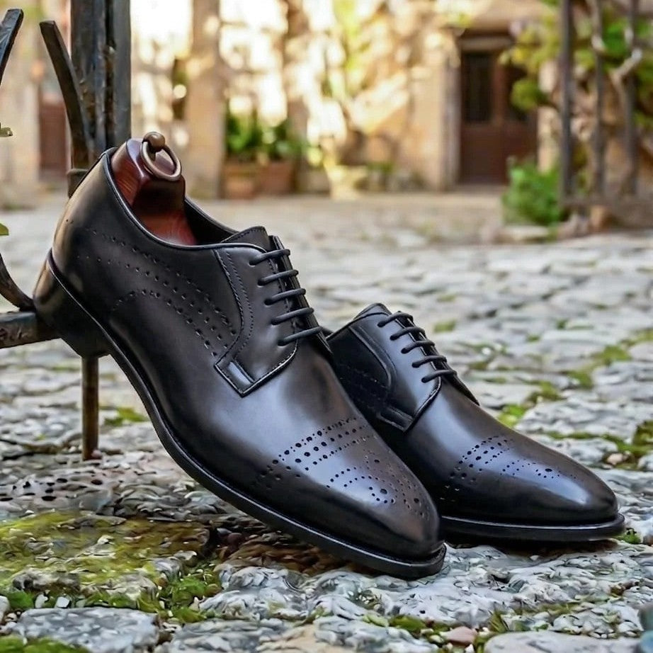 Men's Black Brogue Leather Sole Derbies