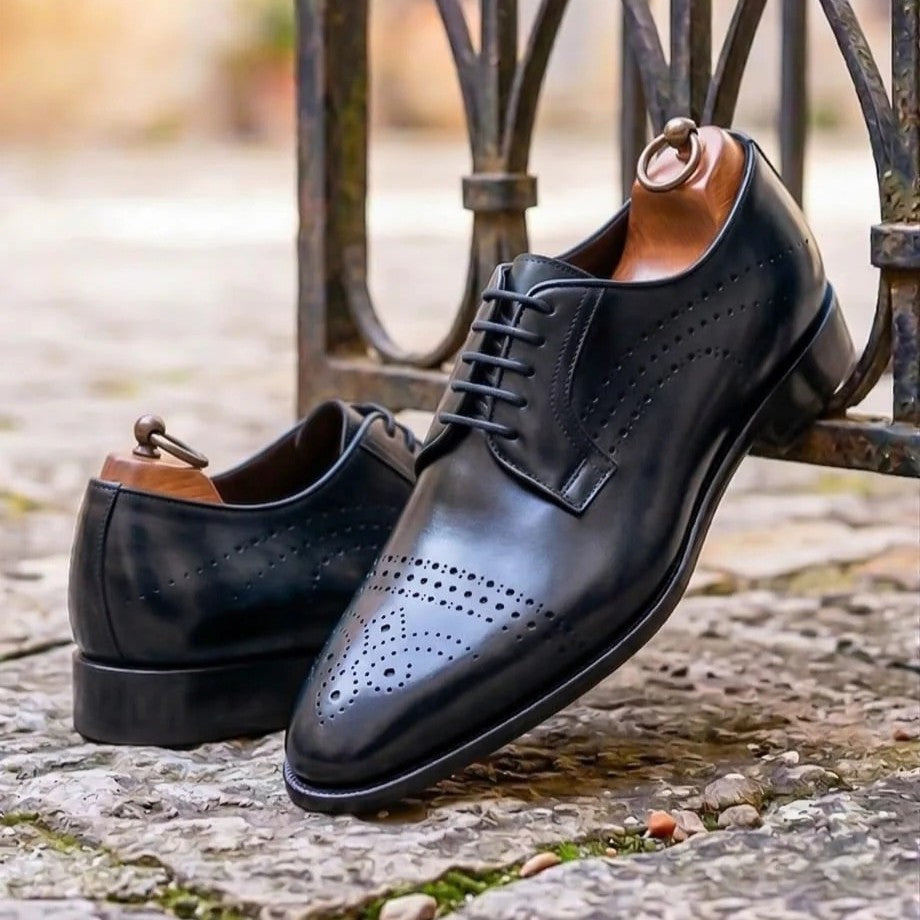 Men's Black Brogue Leather Sole Derbies