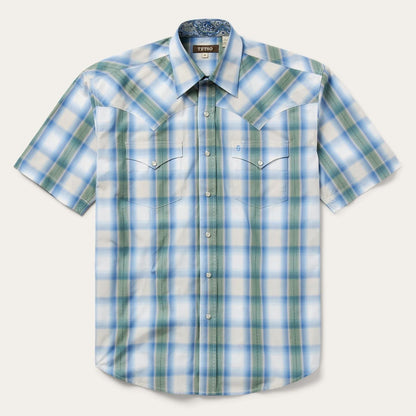 Turquoise Plaid Short-Sleeve Western Shirt